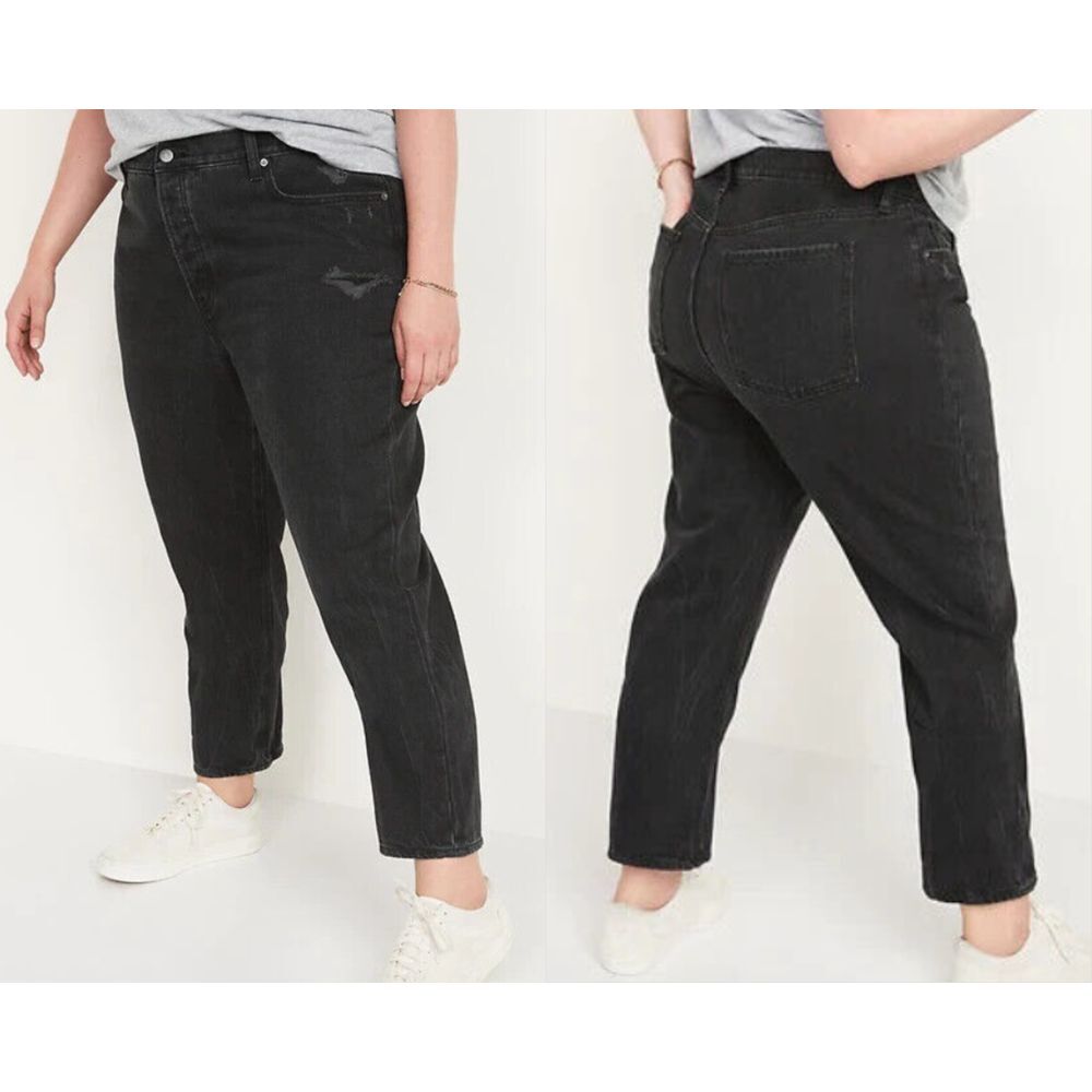 Old Navy Women's High Rise Slouchy Straight Cropped Jeans 30 Black Distressed